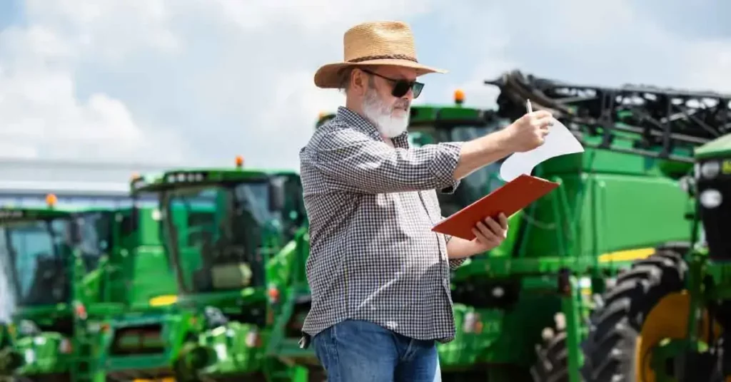 Homem inspecionando trator agrícola